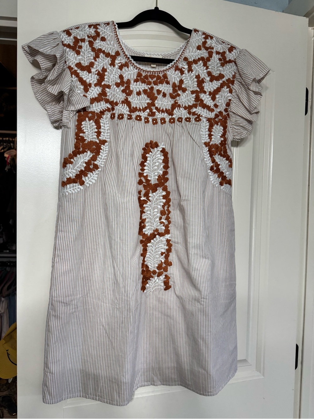BRAND NEW Women’s Striped Cotton Dress with Rust brown Floral Embroidery